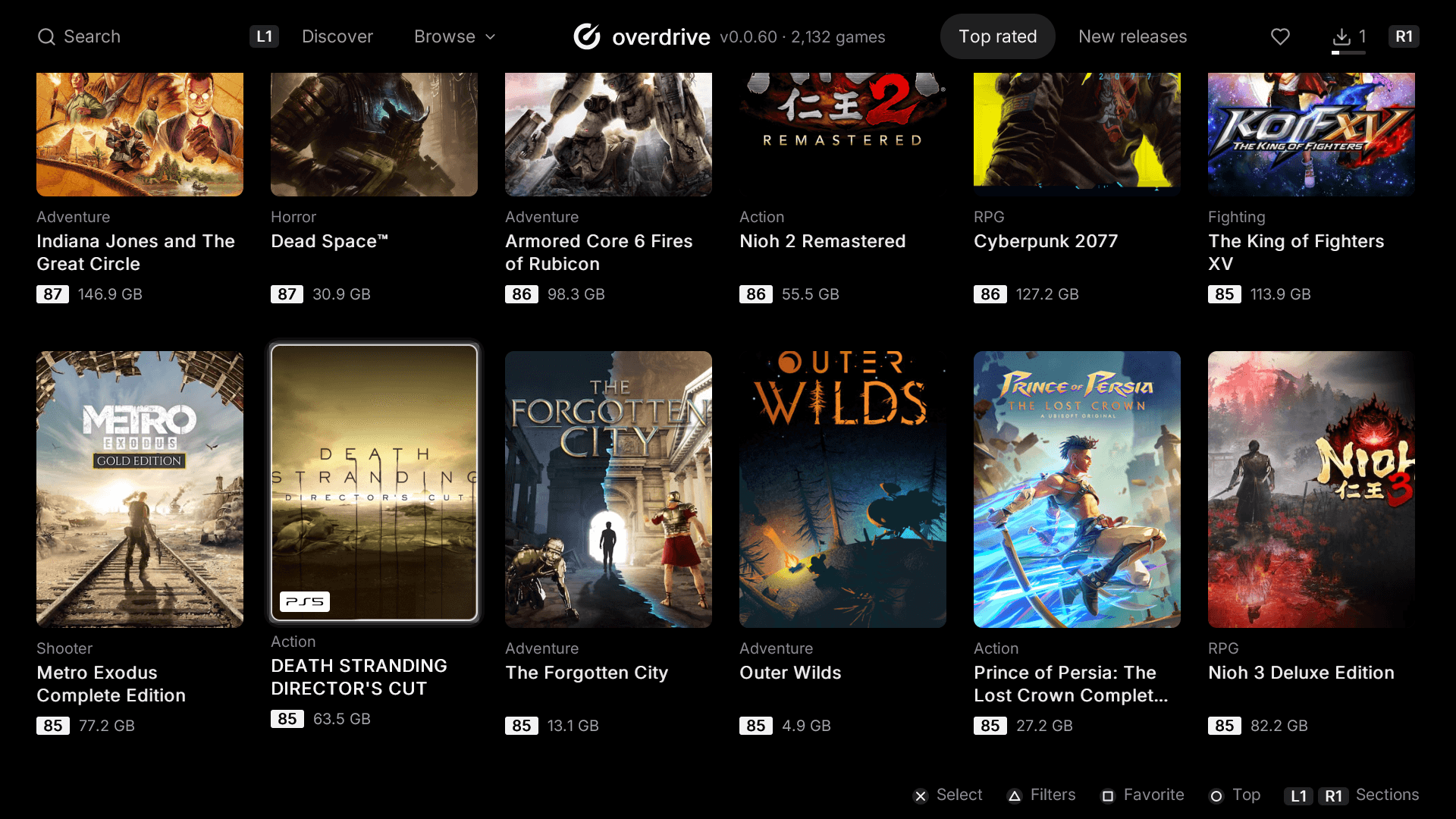 The library grid on the console: a card in focus, its PS5 tag on the cover.